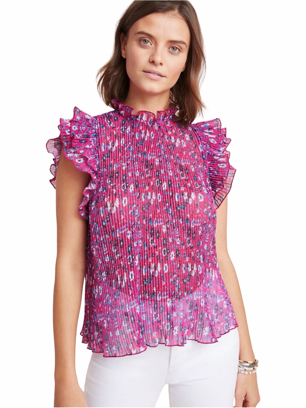Frieda Floral Pleated Ruffle Sleeve Top - Pink